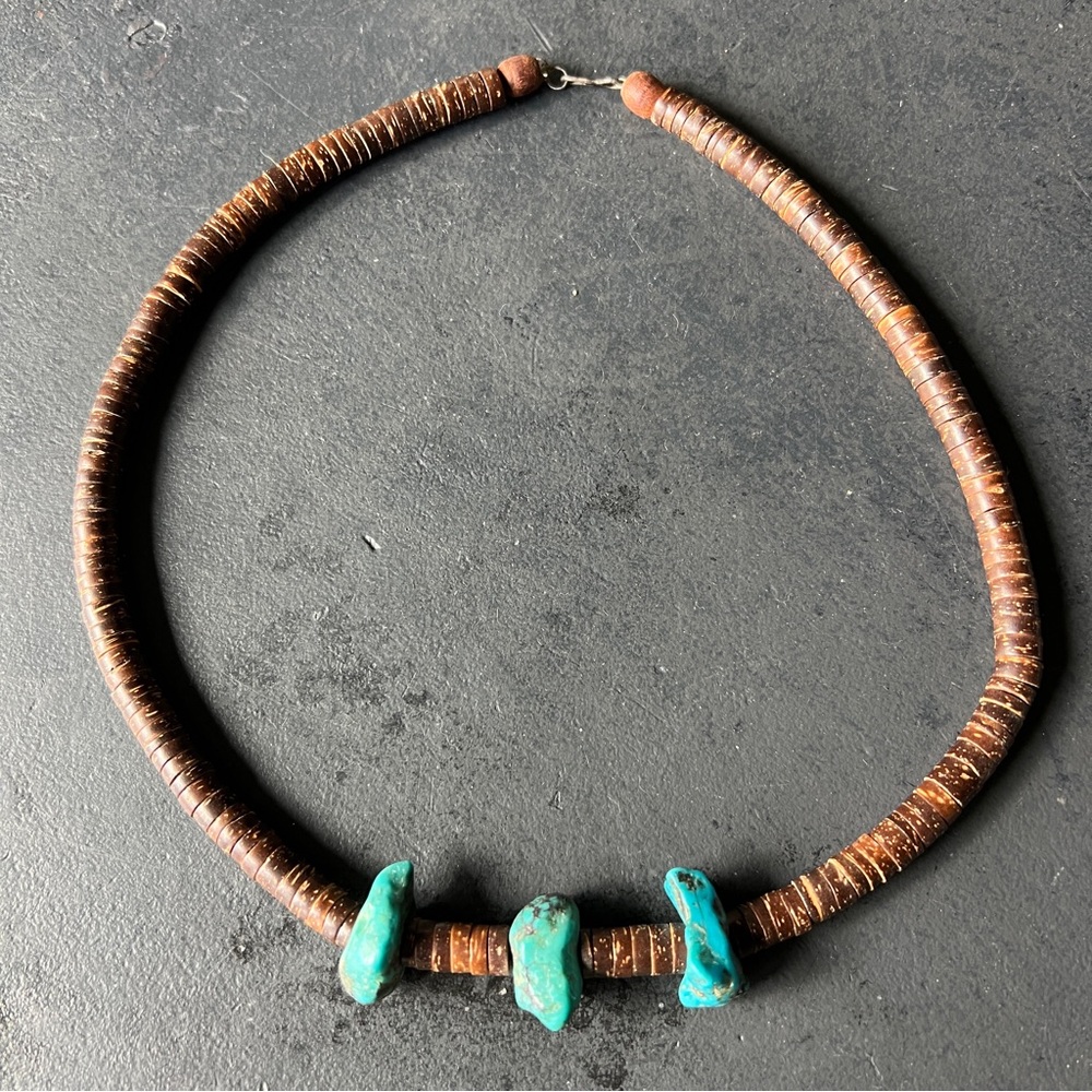 Vintage Native American Heishe Necklace 3 Large Turquoise Chunk Unisex Natural